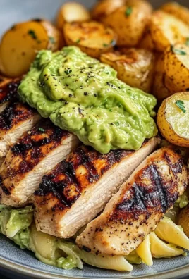 Grilled Chicken with Creamy Avocado, Roasted Potatoes, and Pasta