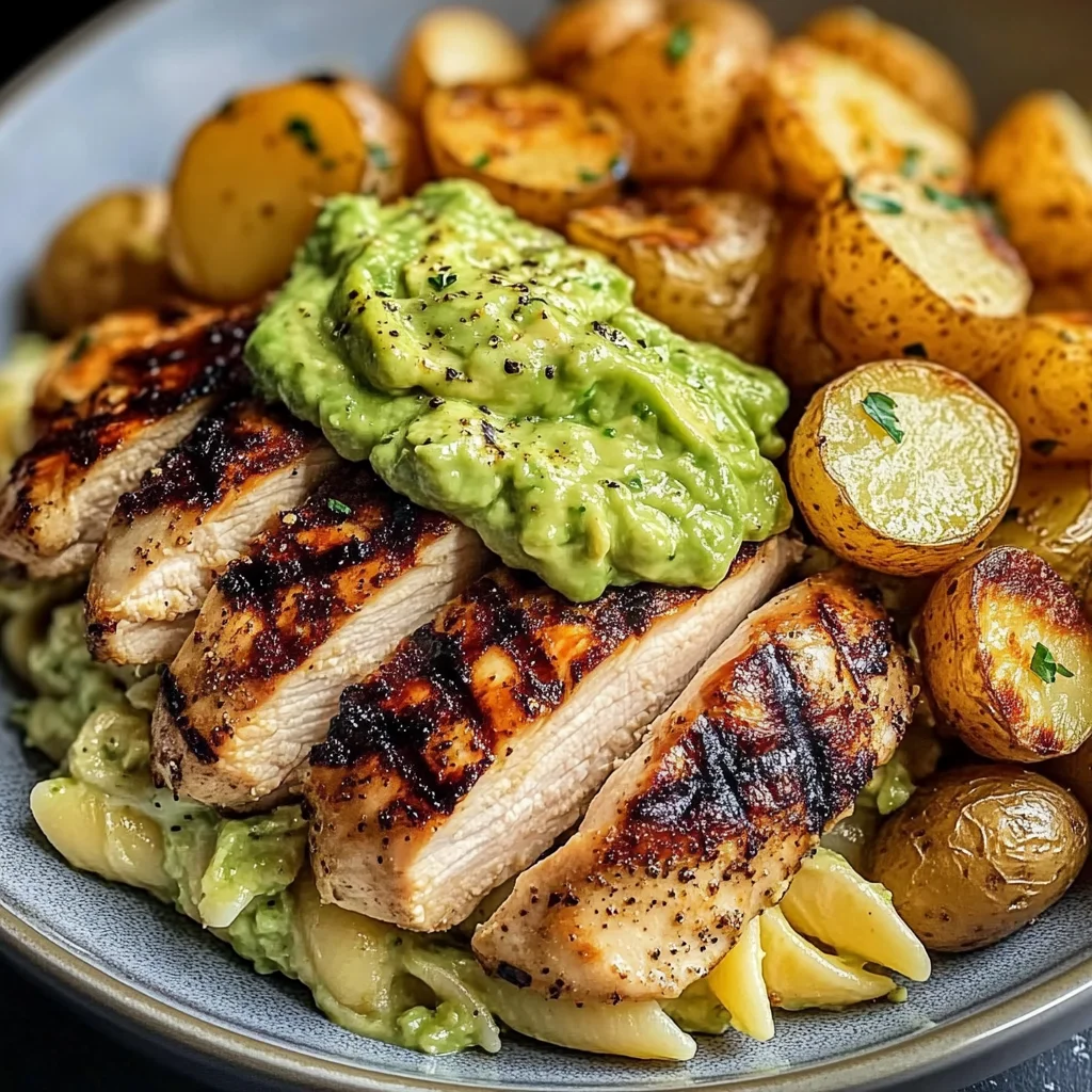Grilled Chicken with Creamy Avocado, Roasted Potatoes, and Pasta
