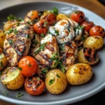 Grilled Chicken with Roasted Potatoes, Cherry Tomatoes, and Yogurt Sauce