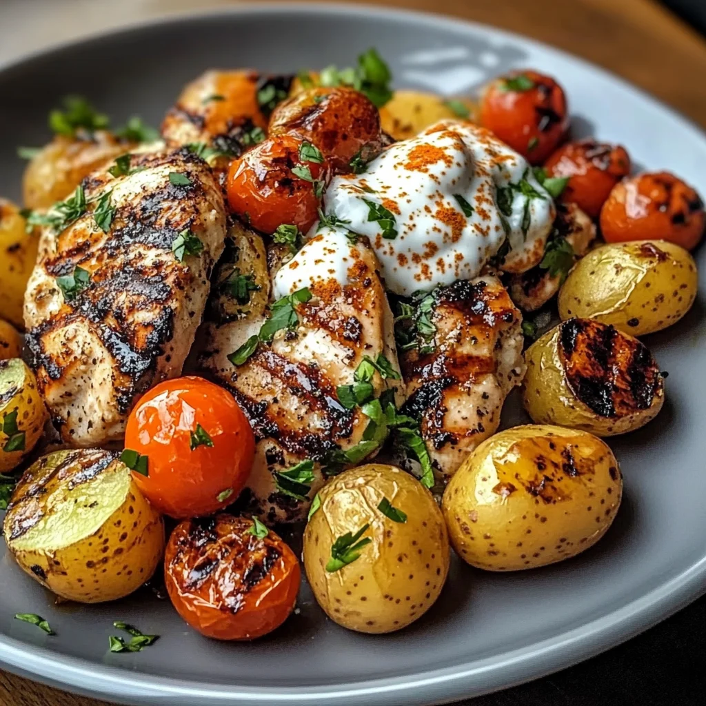Grilled Chicken with Roasted Potatoes, Cherry Tomatoes, and Yogurt Sauce