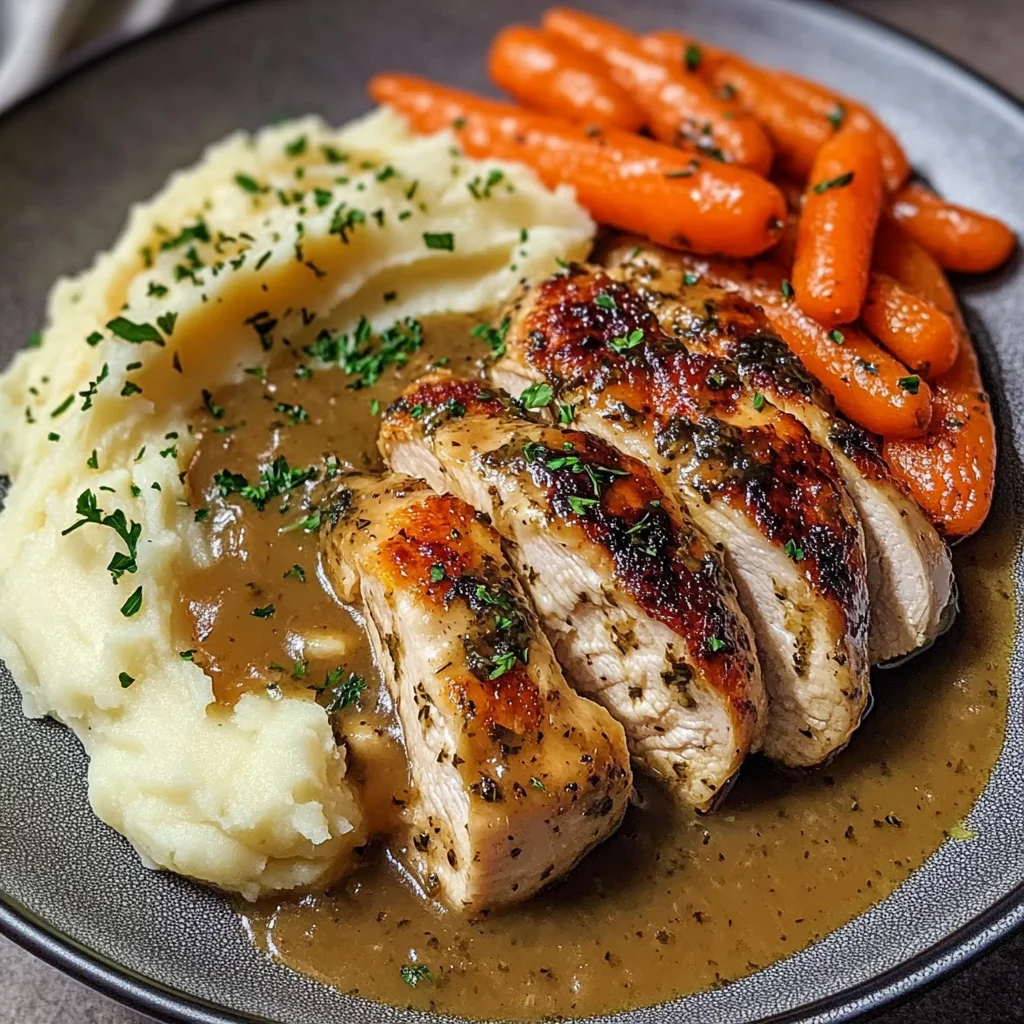 Herb Gravy Chicken with Mashed Potatoes & Glazed Carrots
