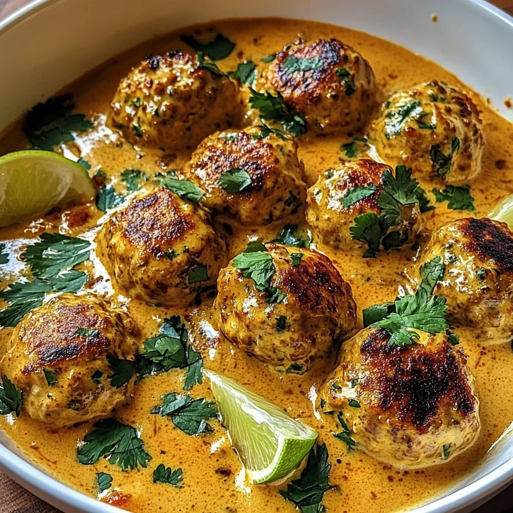 Juicy Thai-Style Chicken Meatballs in Silky Coconut Curry Sauce with Herbs and Lime