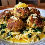Lemony Chicken Ricotta Meatballs Over Garlic Spinach Orzo