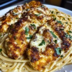 Mozzarella Parmesan Garlic Chicken with Creamy Spaghetti