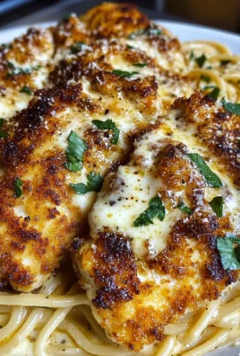 Mozzarella Parmesan Garlic Chicken with Creamy Spaghetti