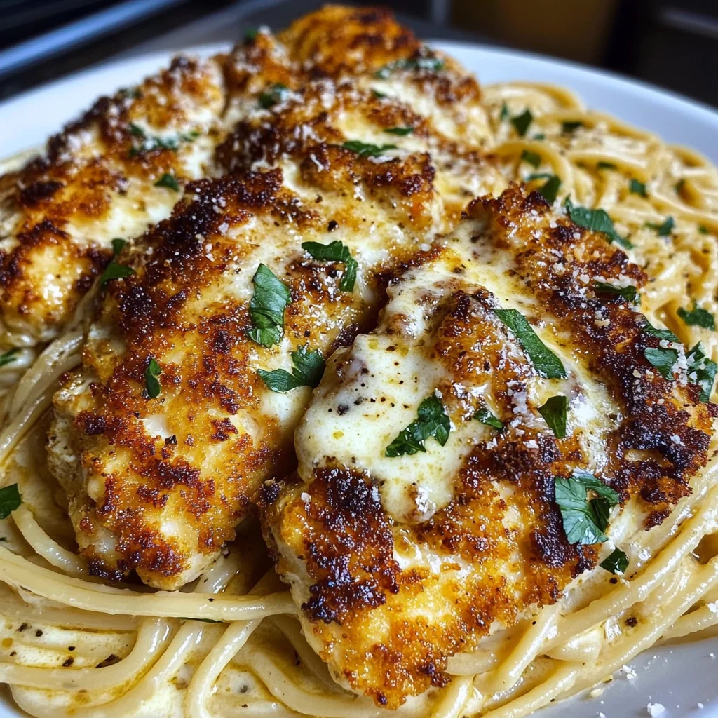Mozzarella Parmesan Garlic Chicken with Creamy Spaghetti