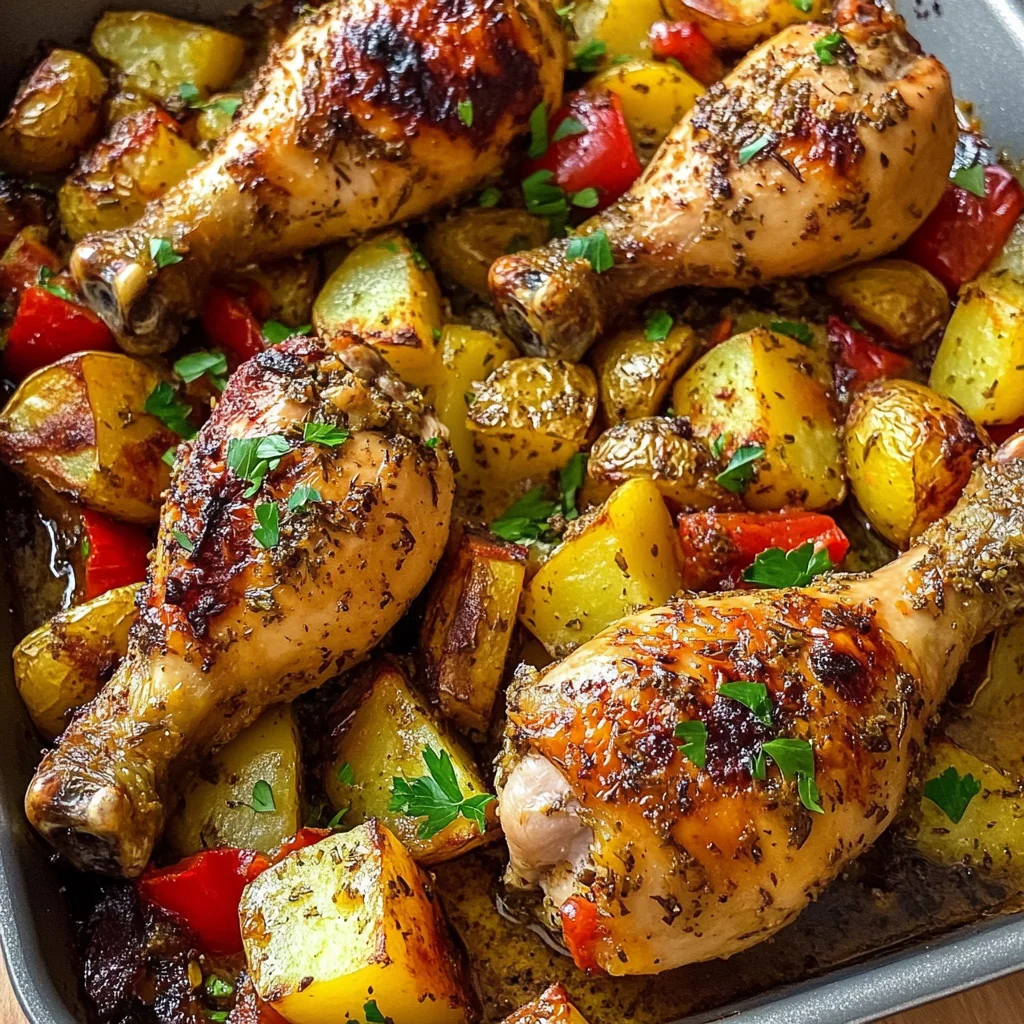 One-Pan Herb Baked Chicken Drumsticks with Potatoes & Peppers