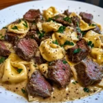 Savory Cheesesteak Tortellini in creamy provolone sauce