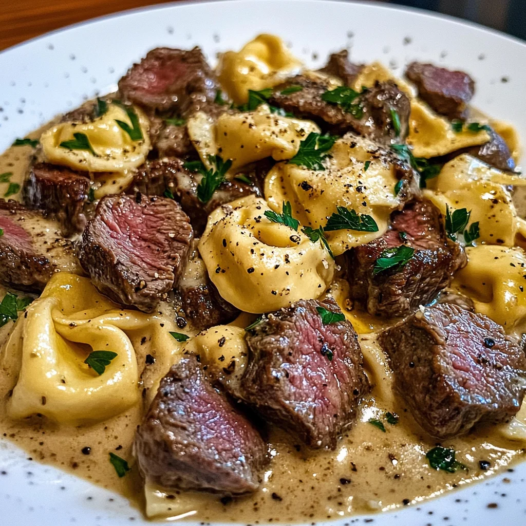 Savory Cheesesteak Tortellini in creamy provolone sauce
