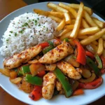 Spicy Chicken Stir-Fry with Bell Peppers, Rice & Fries