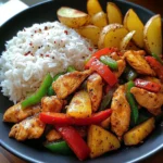 Spicy Garlic Chicken Stir-Fry with Peppers, Rice & Crispy Potato Wedges