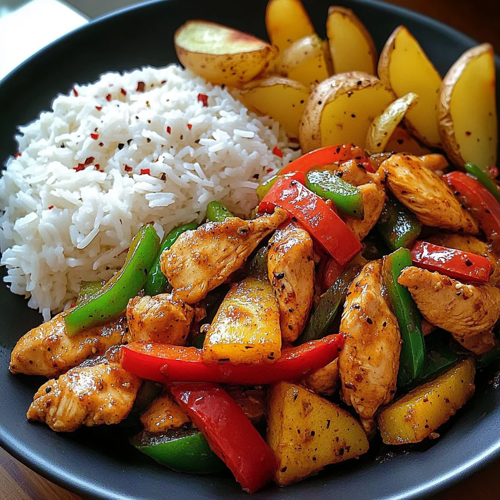 Spicy Garlic Chicken Stir-Fry with Peppers, Rice & Crispy Potato Wedges