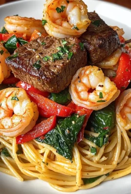 Surf & Turf Garlic Butter Pasta with Shrimp, Steak & Spinach