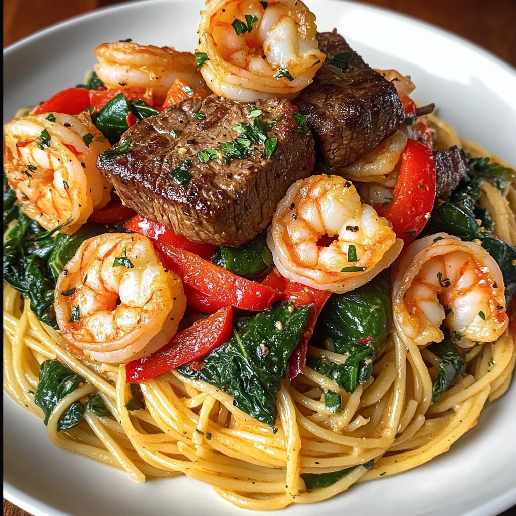 Surf & Turf Garlic Butter Pasta with Shrimp, Steak & Spinach