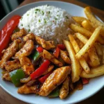 Sweet & Spicy Chicken Stir-Fry with Rice and Fries