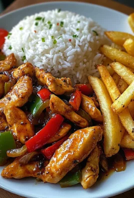 Sweet & Spicy Chicken Stir-Fry with Rice and Fries