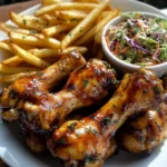 Ultimate Sticky Garlic Chicken Drumsticks with Crispy Fries & Creamy Slaw