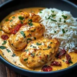 Velvety Paprika Chicken in Cream Sauce with Buttered Rice & Sun-Dried Tomato Burst