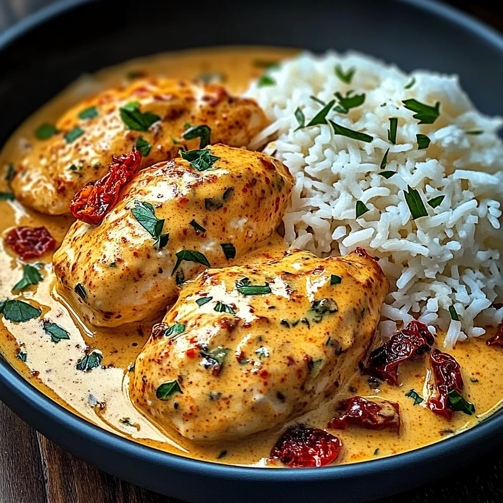 Velvety Paprika Chicken in Cream Sauce with Buttered Rice & Sun-Dried Tomato Burst